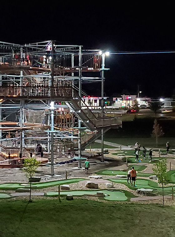 Night Profile of Ropes Course and Zipline over Minigolf Course